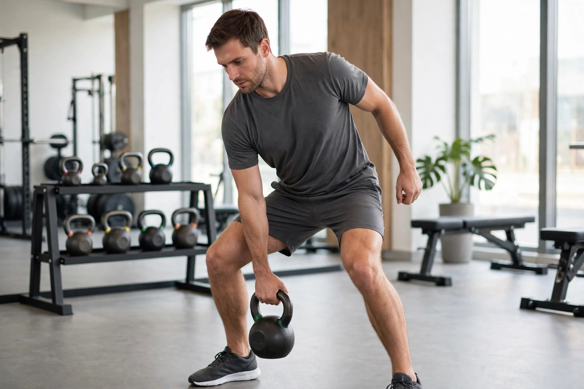 Man in a charcoal training t-shirt lifting a kettlebell