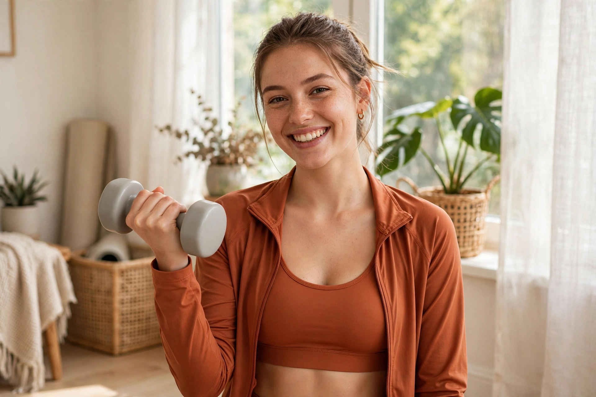 Woman in a rust-orange sports top training with dumbbells at home